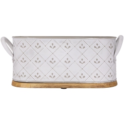 NORTHLIGHT 11.25" Oval Embossed Long Caddy With Side Handles And Wooden Base In White