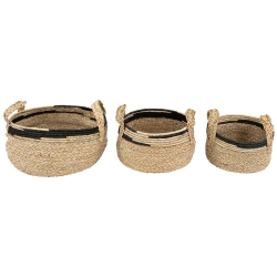 NORTHLIGHT Set Of 3 Khaki And Braid Weave Seagrass Storage Baskets With Handles 13.75" In Black