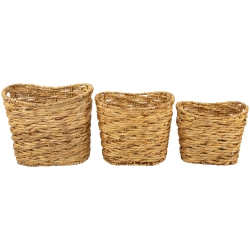 NORTHLIGHT Set Of 3 Oval Braid Weave Water Hyacinth Baskets With Built-In Handles 17.25