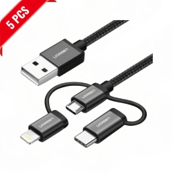 UGREEN [5 Pack] USB 2.0 to Micro USB+Lightning+Type C (3 In1) Data Cable-Black