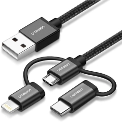 UGREEN USB 2.0 to Micro USB+Lightning+Type C (3 In1) Data Cable-Black