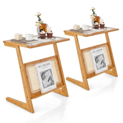 GYMAX 2 PCs Z-Shaped End Table Glass Top Bamboo Side Table W/ Magazine Rack