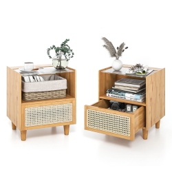 GYMAX 2PCs Bamboo Rattan Nightstand Boho Bedside End Table W/ Drawer Wood Legs