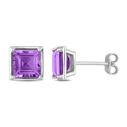 GEM AND HARMONY 3.00 Carat (Ctw) Amethyst Square Solitaire Stud Earrings In Sterling In Silver