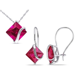 GEM AND HARMONY 7.28 Carat (Ctw) Lab Created Ruby Earrings And Pendant Necklace Set In 10K Gold In White