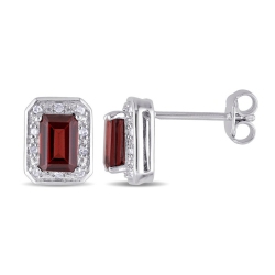 GEM AND HARMONY 1.50 Carat (Ctw) Garnet Emerald-Cut Solitaire Stud Earrings In Sterling With Accent Diamonds In Silver