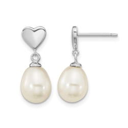 GEM AND HARMONY Freshwater Cultured Pearl Dangle Heart Earrings In Sterling Silver In White