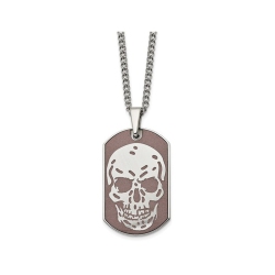 GEM AND HARMONY Mens Stainless Steel Plated Skull Dog Tag Pendant Necklace With Chain In Brown