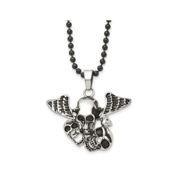 GEM AND HARMONY Stainless Steel Antiqued And Polished Skulls With Wings Pendant Necklace With Chain (24 Inches) In Multicolor