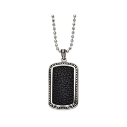 GEM AND HARMONY Mens Stainless Steel Textured Leather Inlay Dog Tag Pendant Necklace With Chain In Black