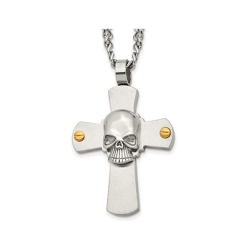 GEM AND HARMONY Stainless Steel Brushed Skull And Cross Pendant Necklace With Chain (24 Inches) In Multicolor