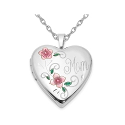 GEM AND HARMONY Sterling Mom Heart Flower Locket With Chain In Silver