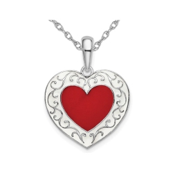 GEM AND HARMONY Heart Shaped Enamel Pendant Necklace In Sterling Silver With Chain In Red