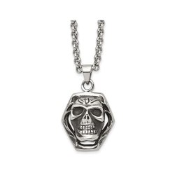 GEM AND HARMONY Stainless Steel Antiqued And Polished Skull Pendant Necklace With Chain (24 Inches) In Multicolor