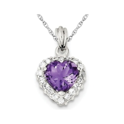 GEM AND HARMONY Purple Amethyst And Synthetic Cubic Zirconia (Cz) Heart Pendant Necklace In Sterling With Chain In Silver
