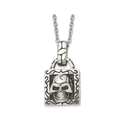 GEM AND HARMONY Stainless Steel Antiqued And Polished Skull Pendant Necklace With Chain (24 Inches) In Multicolor