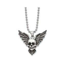 GEM AND HARMONY Stainless Steel Antiqued And Polished Skull With Wings Pendant Necklace With Chain (22 Inches) In Multicolor