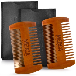MEDCA Wooden Beard Comb for Men - Pack Of 2, Handcrafted Solid Beechwood Beard Combs, Mustache And Head Hair Pocket Comb \w Leather Case - Dual