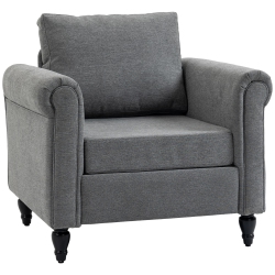 HOMCOM Vintage Accent Chair, Upholstered Armchair, Fabric Living Room Chair With Rolled Arms, Gourd-Shaped Rubber Wood Legs, Light In Grey