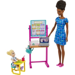 BARBIE Teacher Doll (Brunette), Toddler Doll (Blonde), Flip Board, Laptop, Backpack, And Desk