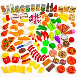MEDCA Kids Play Food Set - 130 Piece Pretend Play Food Collection - Assorted Fake Food Set Includes Fruits Vegetables Snacks Dessert Juices Canned