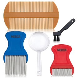 MEDCA Premium 5 Piece Lice Kit - Nit Removal Fine Tooth Comb And Magnifier Full Treatment Set - Louse And Nit Combs Removes Eggs \w Rounded Tips For