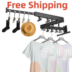 SORTWISE J Shape Hooks Hanger Rack Wall Mounted Clothes Drying Rack, 103Cm Folding Retractable Laundry Clothing Rack