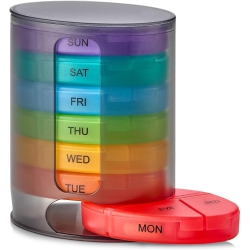 MEDCA Weekly Pill Organizer, 1 Dispenser, 7 Stackable Multi-Color Compartments Four Times-A-Day - Morning, Noon, Evening, And Bedtime In Black