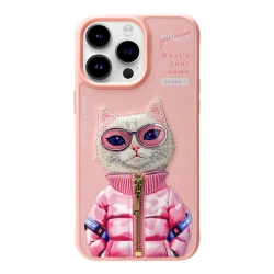 NIMMY Cool & Cute Series Cat Embroidered Leather Case for Iphone 15 Pro In Pink