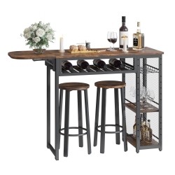 BESTIER Bar Table And Chair Set, Industrial Expandable Dining Table \w 2 Bar Stools, Kitchen Counter \w Wine Rack & 3 Tier Adjustable Storage