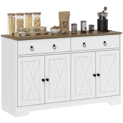 HOMCOM Sideboard Buffet Cabinet With Storage, 48" Kitchen Cabinet With 2 Drawers And 4 Barn Doors, Farmhouse Coffee Bar Cabinet In White