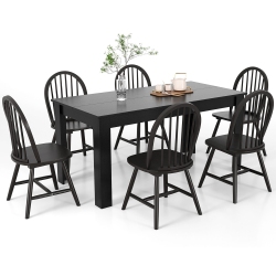 GYMAX 7 PCs Dining Set Rectangular Wooden Dining Table 6 Windsor Chairs Kitchen In Black