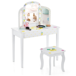 GYMAX Kids Vanity Table Set Tri-Folding Mirror Pretend Play Dressing Large Drawer