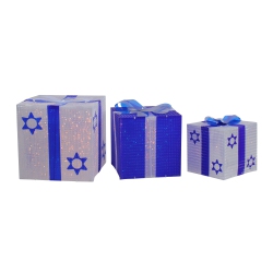 NORTHLIGHT 3PC White And Shimmering Lighted Hanukkah Gift Box 12" In Blue