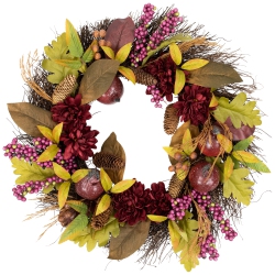 NORTHLIGHT Mums And Pomegranates Artificial Fall Harvest Twig Wreath, 24-Inch