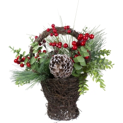 NORTHLIGHT 15" Eucalyptus Pine And Berry Artificial Christmas Grapevine Basket