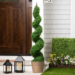 NORTHLIGHT Potted Two Toned Artificial Spiral Boxwood Garden Topiary Tree - 5'