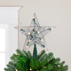 NORTHLIGHT 9" Lighted Silver Wire Star Christmas Tree Topper - Led Lights In White
