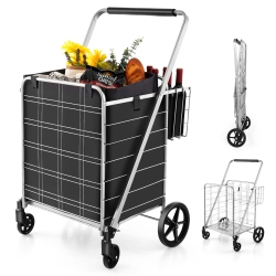 GYMAX Folding Shopping Cart Jumbo Upgraded Utility Grocery Cart W/ Waterproof Liner