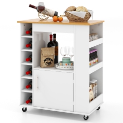 GYMAX Kitchen Cart On Wheels Mobile Kitchen Storage Island W/ 6-Bottle Wine Rack