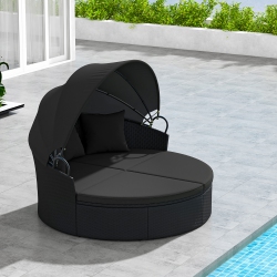 GYMAX Patio Round Daybed Wicker Daybed W/ Retractable Canopy Separated Seating Sectional Sofa