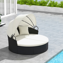 GYMAX Patio Round Daybed Wicker Daybed W/ Retractable Canopy Separated Seating Sectional Sofa