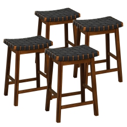 GYMAX Saddle Stools Set Of 4 25.5 Inch Counter Height Stools W/ Pu Leather Woven Seat In Brown