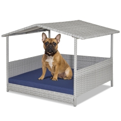 GYMAX Wicker Dog House Weather-Resistant Raised Rattan Pet Bed W/ Detachable Cushion