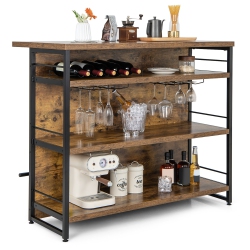 GYMAX Industrial Kitchen Island Bar Table 4-Tier Storage Shelf Wine Rack Glass Holders