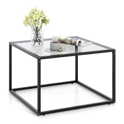GYMAX Glass Coffee Table 27.5 Inch Modern Square Metal Frame Living Room Transparent