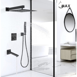 MAX FAUCETS Thermostatic Shower System Three Functions With Valve Matte Finish Square Showerhead 12" In Black