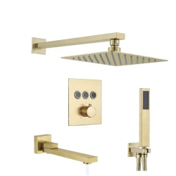 MAX FAUCETS Thermostatic Shower System Three Functions With Valve Brushed Finish Square Showerhead 12" In Gold