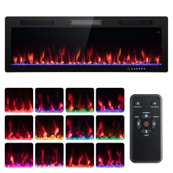 COSTWAY 50" Linear Electric Fireplace 1500W Recessed Wall-Mounted With Multi-Color Flame