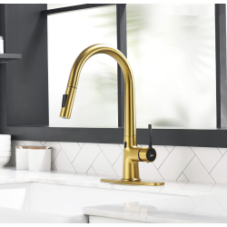 MAX FAUCETS Smart Touch-Less Kitchen Faucet Single Handle Pull-Out 16 Inches Brushed Gold, Matte Finish In Black
